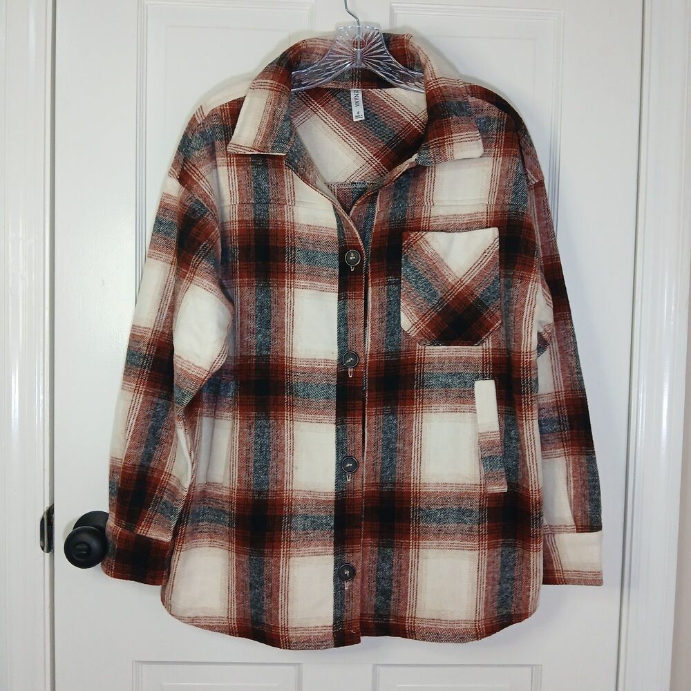 Zenana Plaid Shacket Womens Small Rust Orange Gray Cream Oversized Shirt Jacket